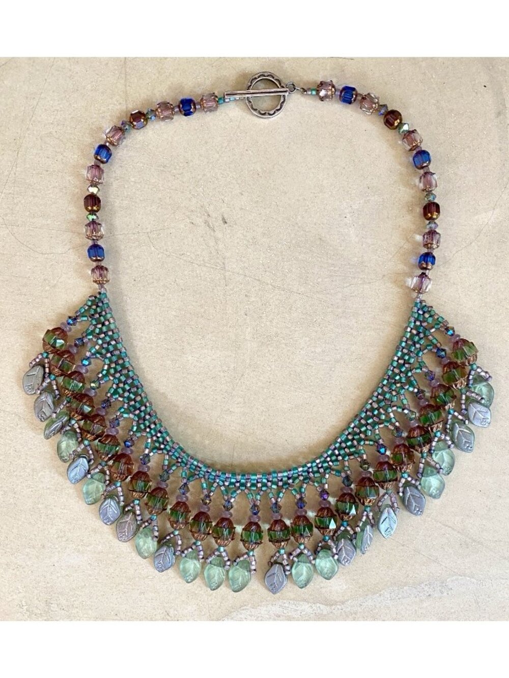 Handmade Czech Glass Choker Necklace Green Leaves Sterling Clasp